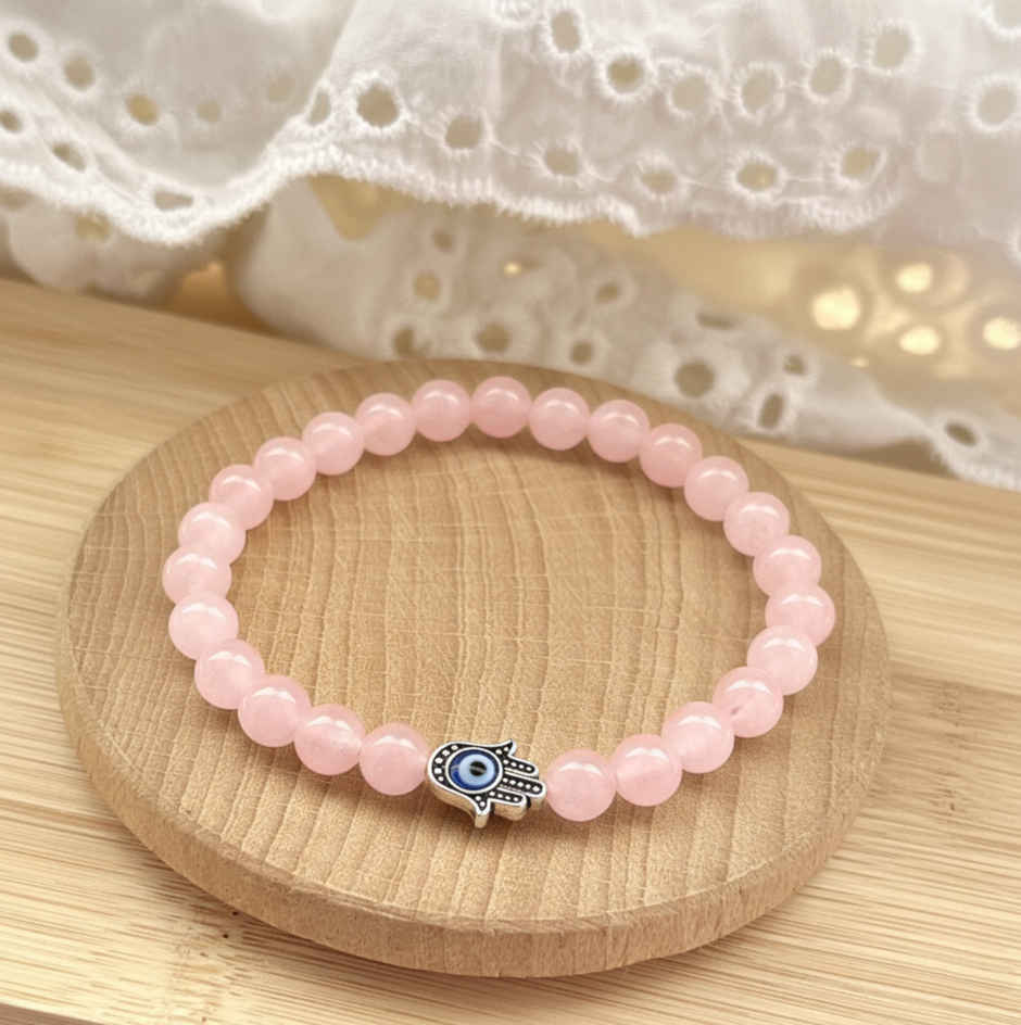 Rose Quartz Bracelet with Hamsa and Evil Eye 8 mm | Natural Gemstones | Pack of 1 | ServDharm