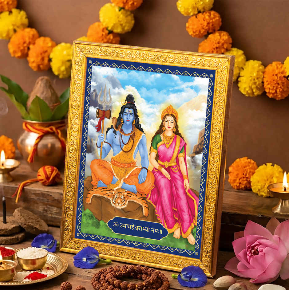 Shiv Parvati Deity Golden Photo Frame | 22 cm x 17 cm | ServDharm