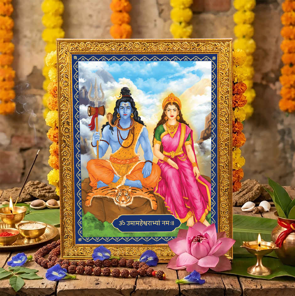 Shiv Parvati Deity Golden Photo Frame | 22 cm x 17 cm | ServDharm