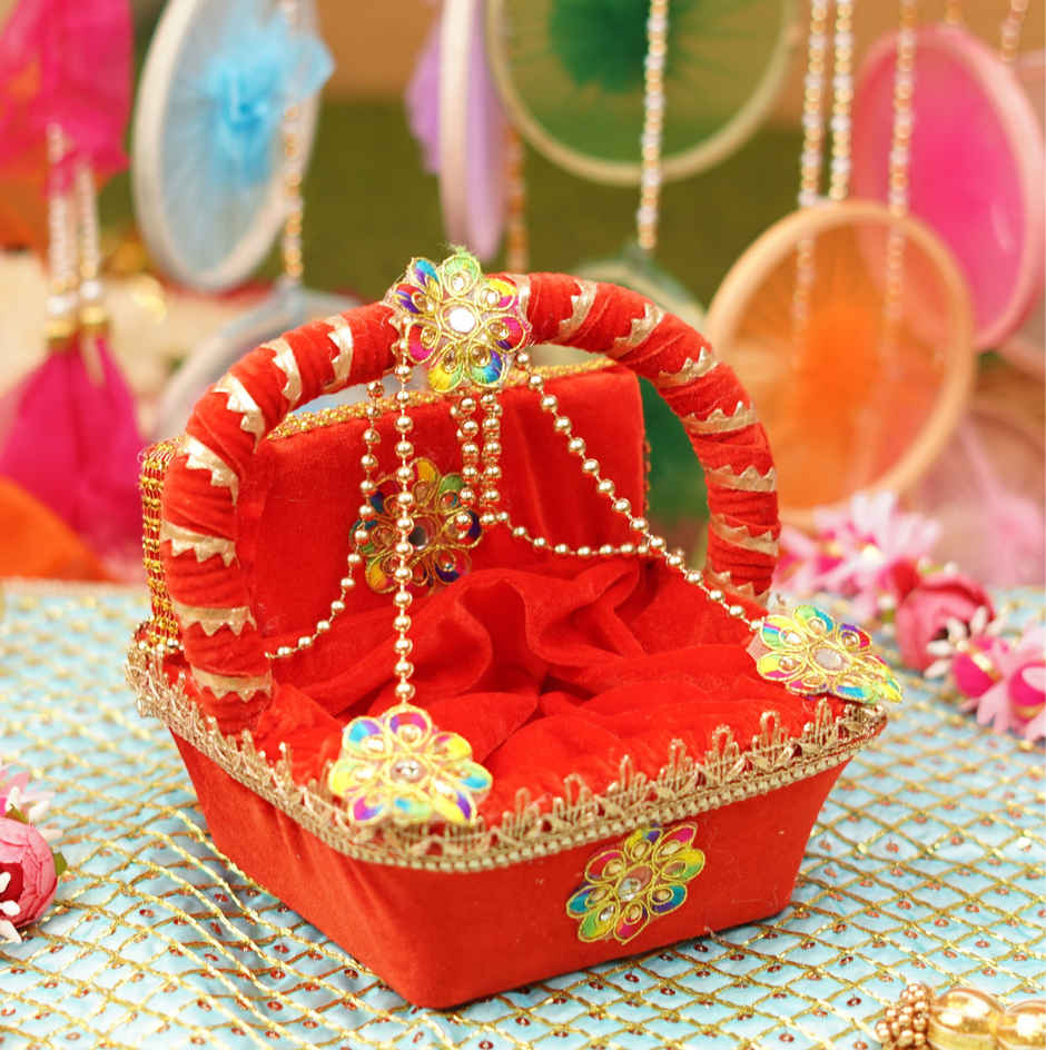 Red Velvet Laddu Gopal Regal Tokri Bed | 7.2 x 6.5x 6.5 in | Fits Idol Size 0-4 | Krishna Janmastami Special (ServDharm)