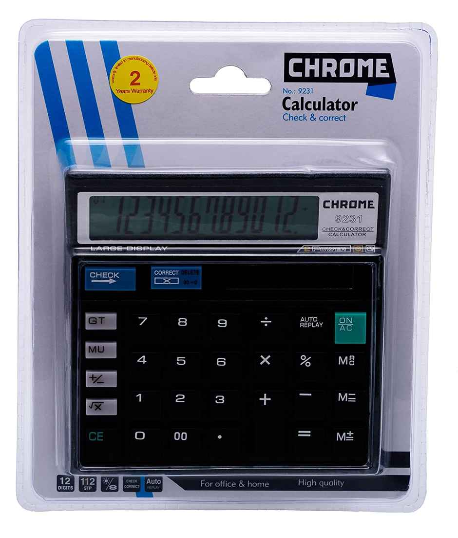 Chrome Check & Correct Basic Calculator Black (12 Digit)