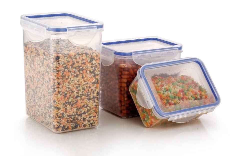 Clazkit Rectangle Plastic Storage Jar and Container Set of 3 |Transparent |500ml, 1100ml, 1800ml