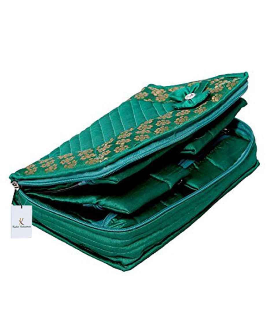 Kuber Industries Cotton Quilted Jewellery Box, 25x15x7 cm, 2 Large & 4 Small Pockets, Green