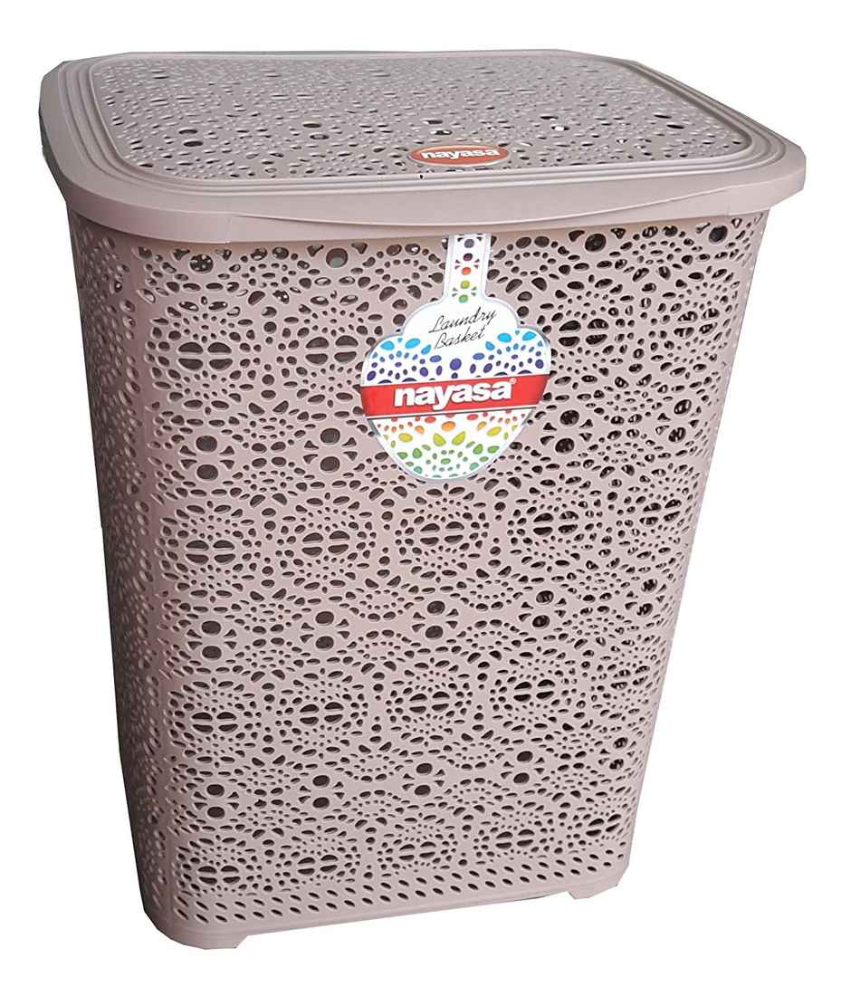 Nayasa Flower Plastic Laundry Basket with Lid for Storage Big | Beige
