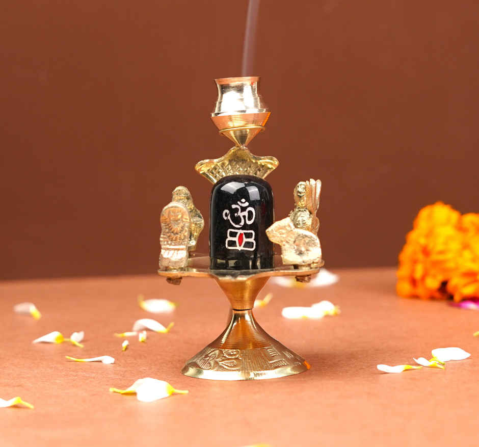 Stone Shivling with Brass Abhishek Patra | Shiva Lingam Pooja Set | Servdharm