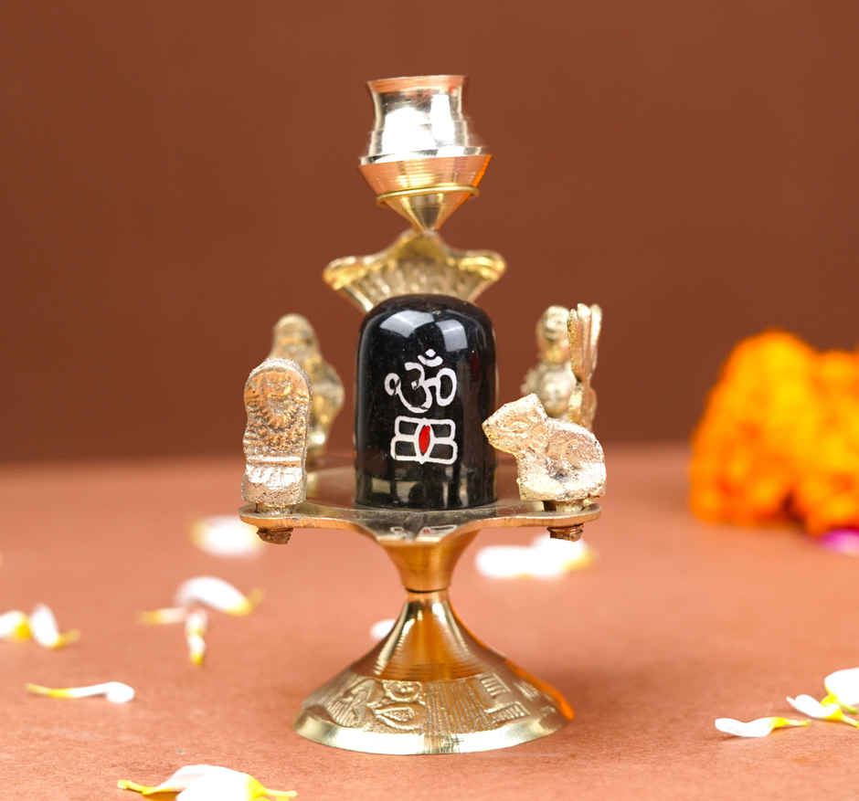 Stone Shivling with Brass Abhishek Patra | Shiva Lingam Pooja Set | Servdharm