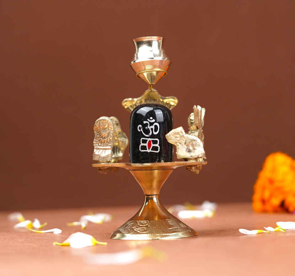 Stone Shivling with Brass Abhishek Patra | Shiva Lingam Pooja Set | Servdharm