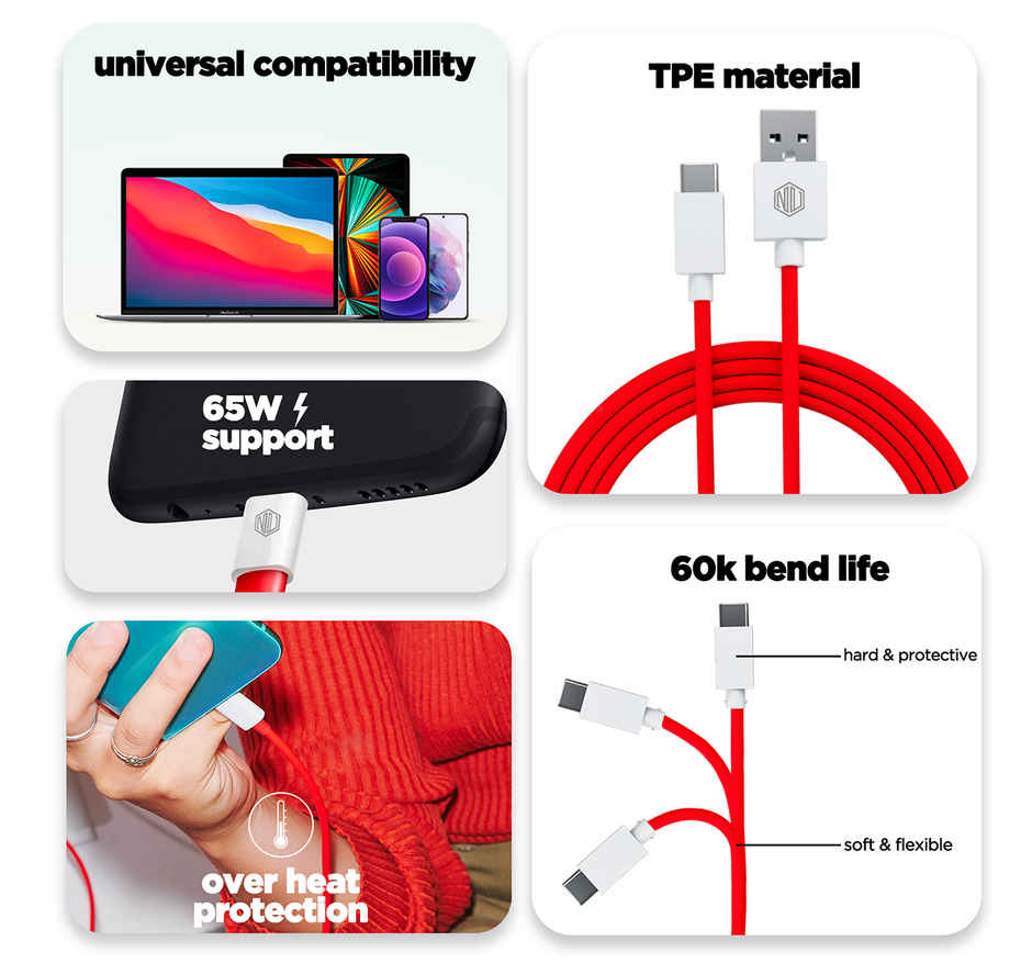 Nu Republic All In One 25W 5A Fast Charging Adapter with Cable (USB To Type-C) - White & Red