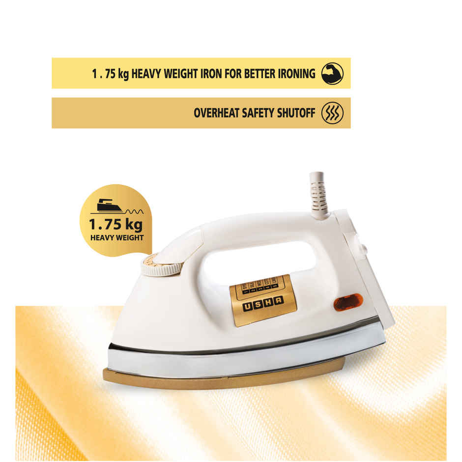 Usha Dry Iron 3710, 1000W, 1.75Kg Heavy Weight Golden Weilburger Soleplate, 360 Swivel Cord, White