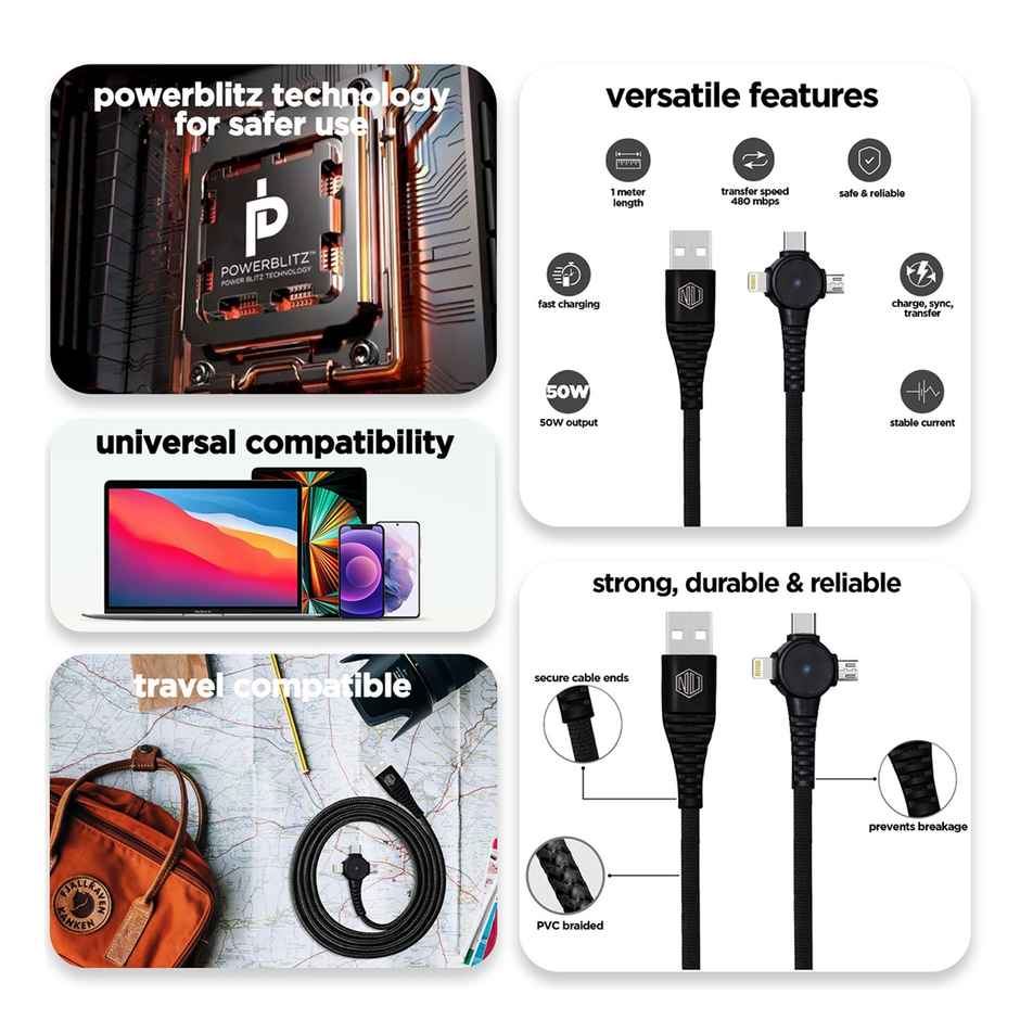 Nu Republic Blaze Trinity 2.0 3-in-one USB Type C Cable 1 m USB-A to Type-C + MicroUSB + Type-L Fast Charge Cable (Compatible with Mobile, Tablet, Laptop) - Black