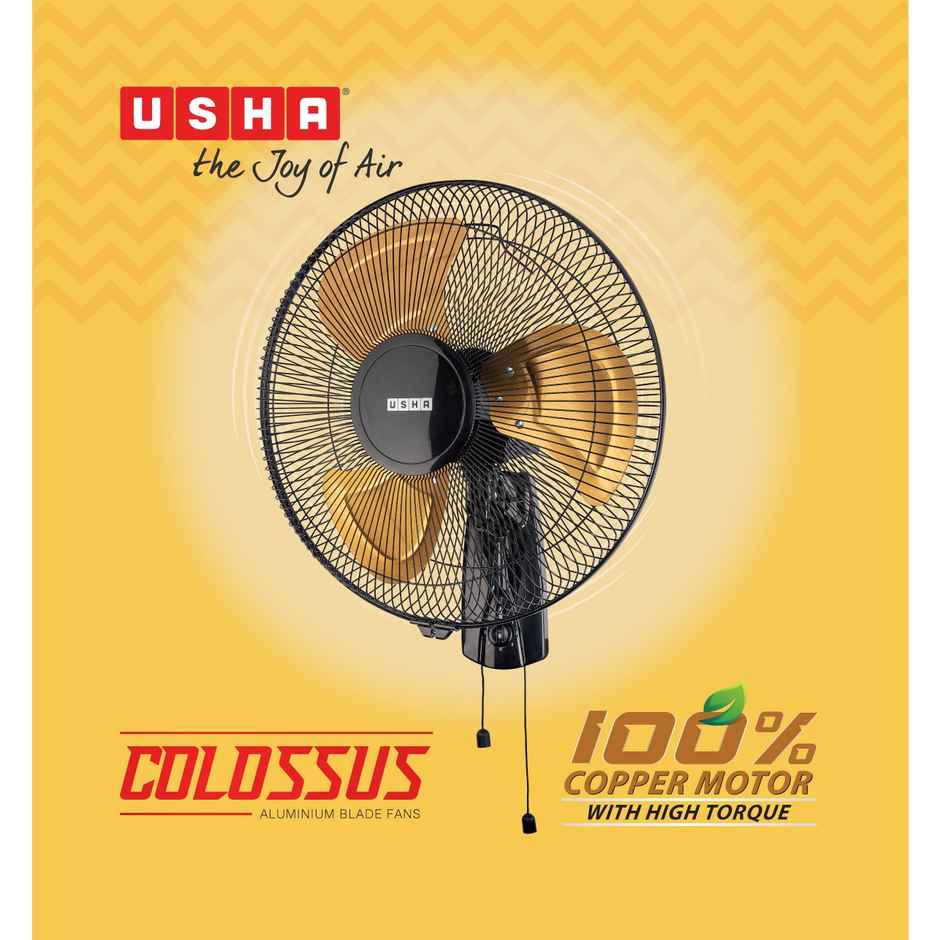 Usha Colossus Wall Fan, 400mm, 1320 Rpm, Rust free Aluminium Blades, Black And Golden