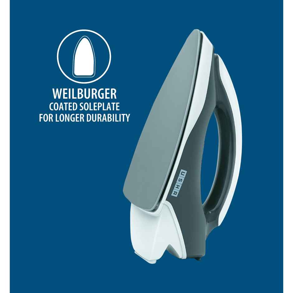 Usha Dry Iron Aurora (1000W, Premium Weilberger Non Stick Coated Soleplate, Led Tail Light, Grey)