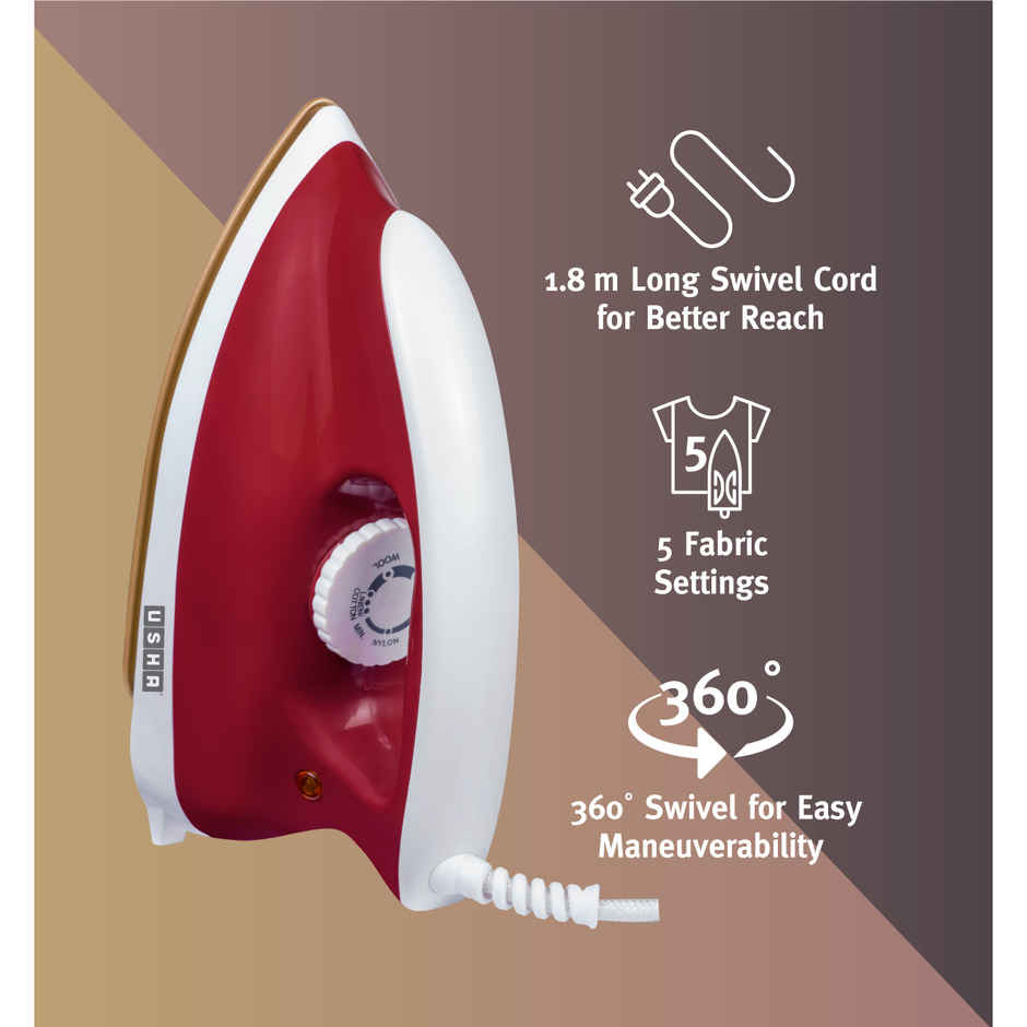 Usha Dry Iron Goliath (1200W, 1.80Kg Heavy Weight , 5 Fabric Settings, Red)