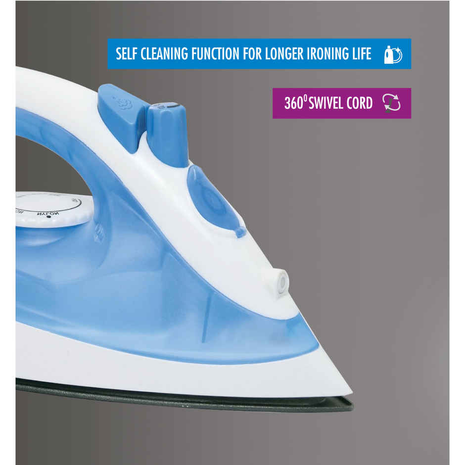 Usha Steam Iron 3713, 1300W Non-Stick Ptfe Coated Soleplate, 360 Swivel Cord, 19 Steam Vents, Blue