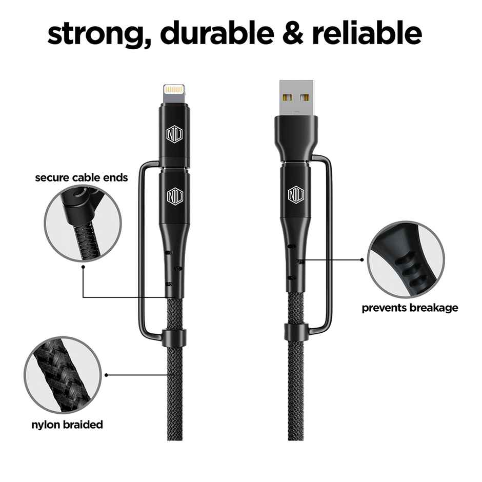 Nu Republic Blaze Quad 100W 4-in-one 1.2 m USB-A to Type-C to Type-C + Type-L Fast Charge Braided Cable (Compatible with Mobile, Tablet, Laptop, Speakers, Black, One Cable) - Black