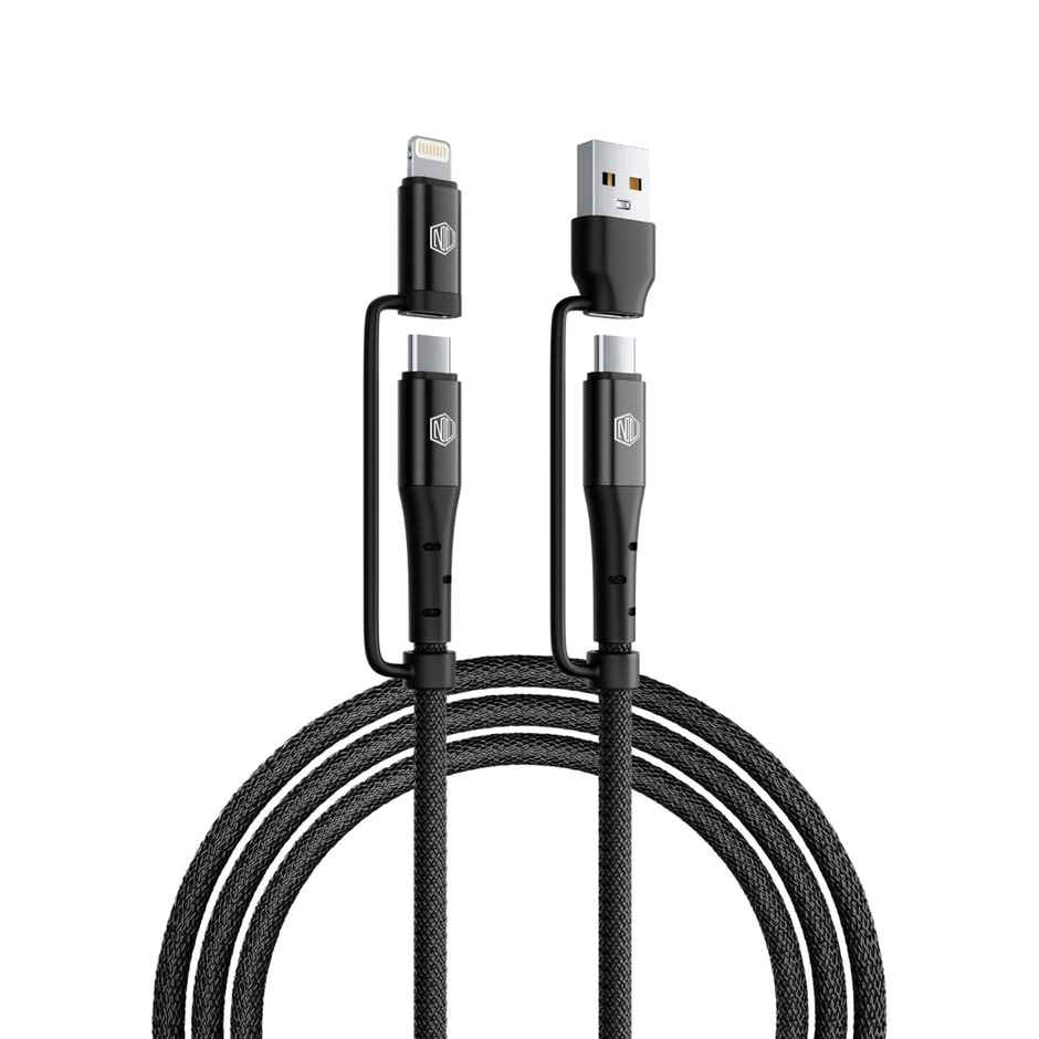 Nu Republic Blaze Quad 100W 4-in-one 1.2 m USB-A to Type-C to Type-C + Type-L Fast Charge Braided Cable (Compatible with Mobile, Tablet, Laptop, Speakers, Black, One Cable) - Black