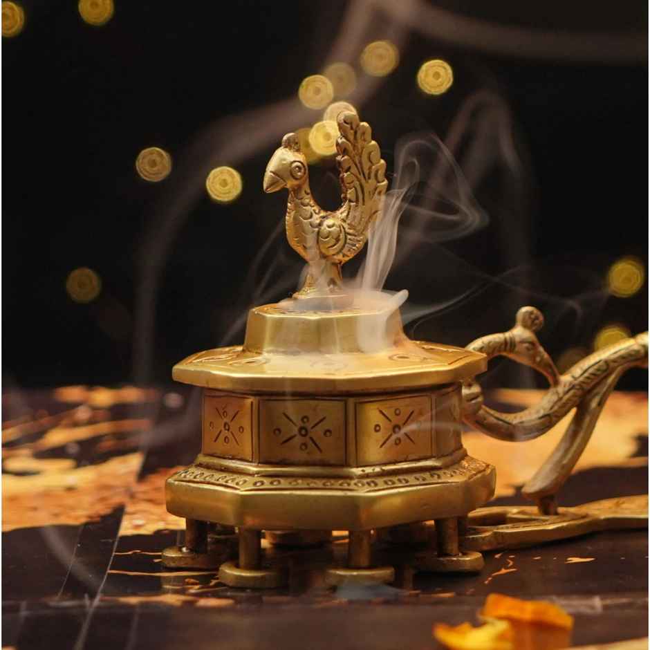 Artistic Brass Peacock incense Burner | Golden | Diya-Pooja | Servdharm