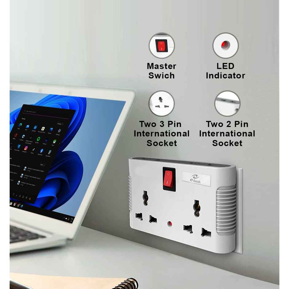 Etech Convio 4 Way Multiplug Adaptor with 2 Universal Sockets |Inbuilt Surge Protection & Power supply Indicator | Compact & Light weight | 6Amp Multiplug socket for Home, Office - White