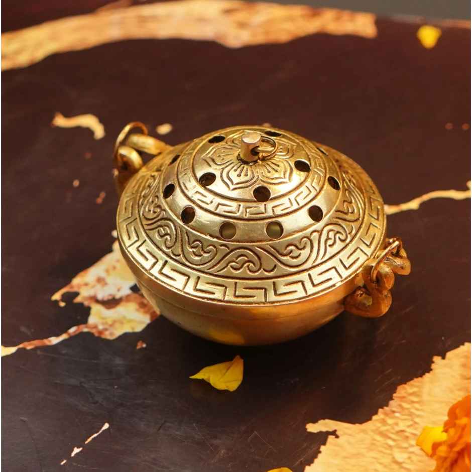 Brass Dhoop Dani incense Burner for Pooja With Handle | Gold | Diya-Pooja | Servdharm
