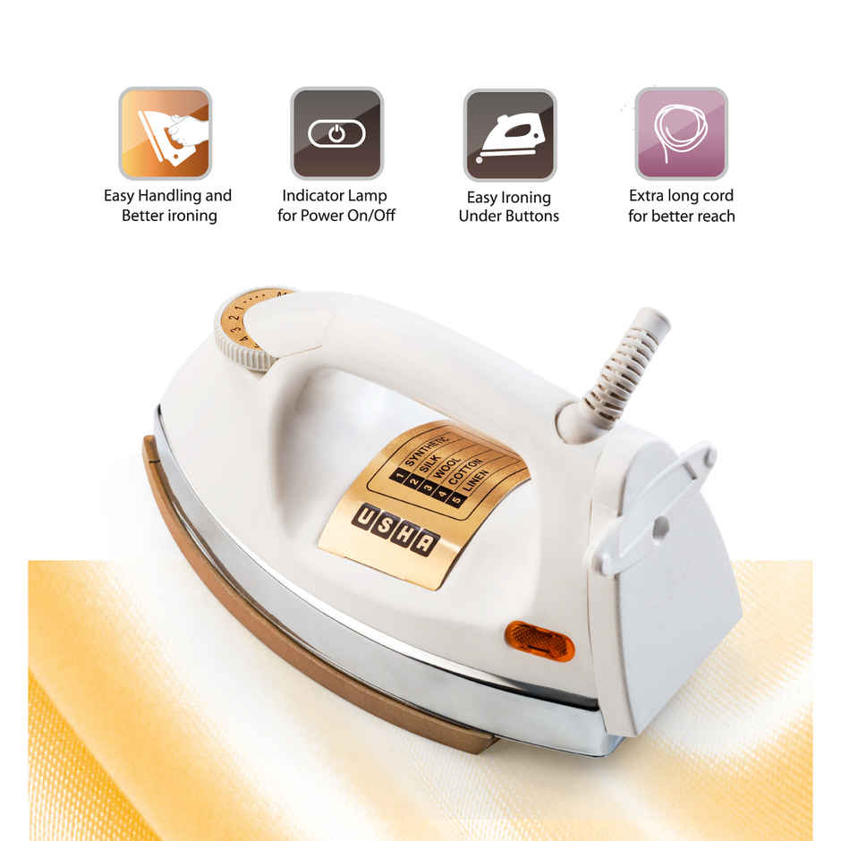 Usha Dry Iron 3710, 1000W, 1.75Kg Heavy Weight Golden Weilburger Soleplate, 360 Swivel Cord, White