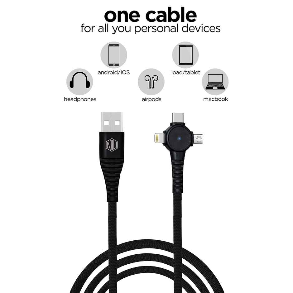 Nu Republic Blaze Trinity 2.0 3-in-one USB Type C Cable 1 m USB-A to Type-C + MicroUSB + Type-L Fast Charge Cable (Compatible with Mobile, Tablet, Laptop) - Black