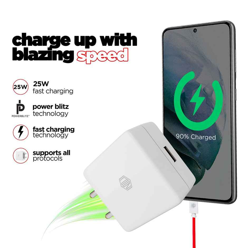 Nu Republic All In One 25W 5A Fast Charging Adapter with Cable (USB To Type-C) - White & Red