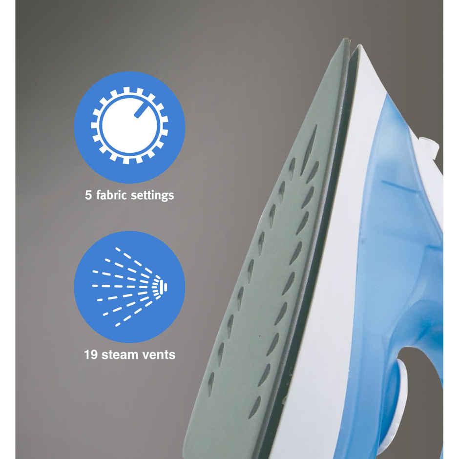 Usha Steam Iron 3713, 1300W Non-Stick Ptfe Coated Soleplate, 360 Swivel Cord, 19 Steam Vents, Blue