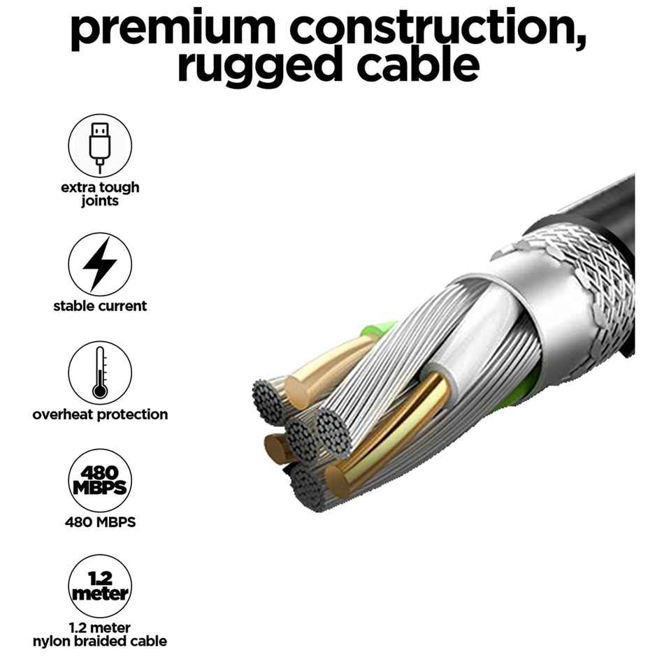 Nu Republic Blaze Quad 100W 4-in-one 1.2 m USB-A to Type-C to Type-C + Type-L Fast Charge Braided Cable (Compatible with Mobile, Tablet, Laptop, Speakers, Black, One Cable) - Black