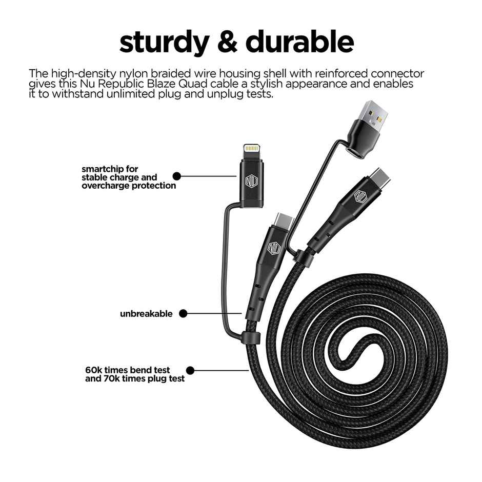 Nu Republic Blaze Quad 100W 4-in-one 1.2 m USB-A to Type-C to Type-C + Type-L Fast Charge Braided Cable (Compatible with Mobile, Tablet, Laptop, Speakers, Black, One Cable) - Black