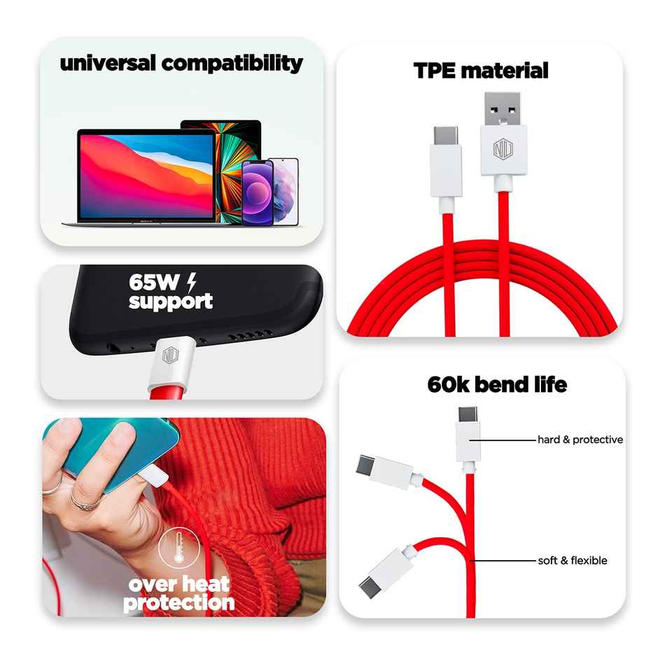 Nu Republic All In One 25W 5A Fast Charging Adapter with Cable (USB To Type-C) - White & Red