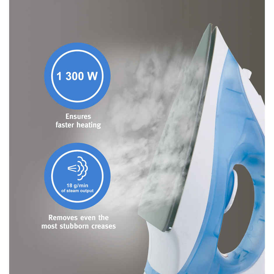 Usha Steam Iron 3713, 1300W Non-Stick Ptfe Coated Soleplate, 360 Swivel Cord, 19 Steam Vents, Blue