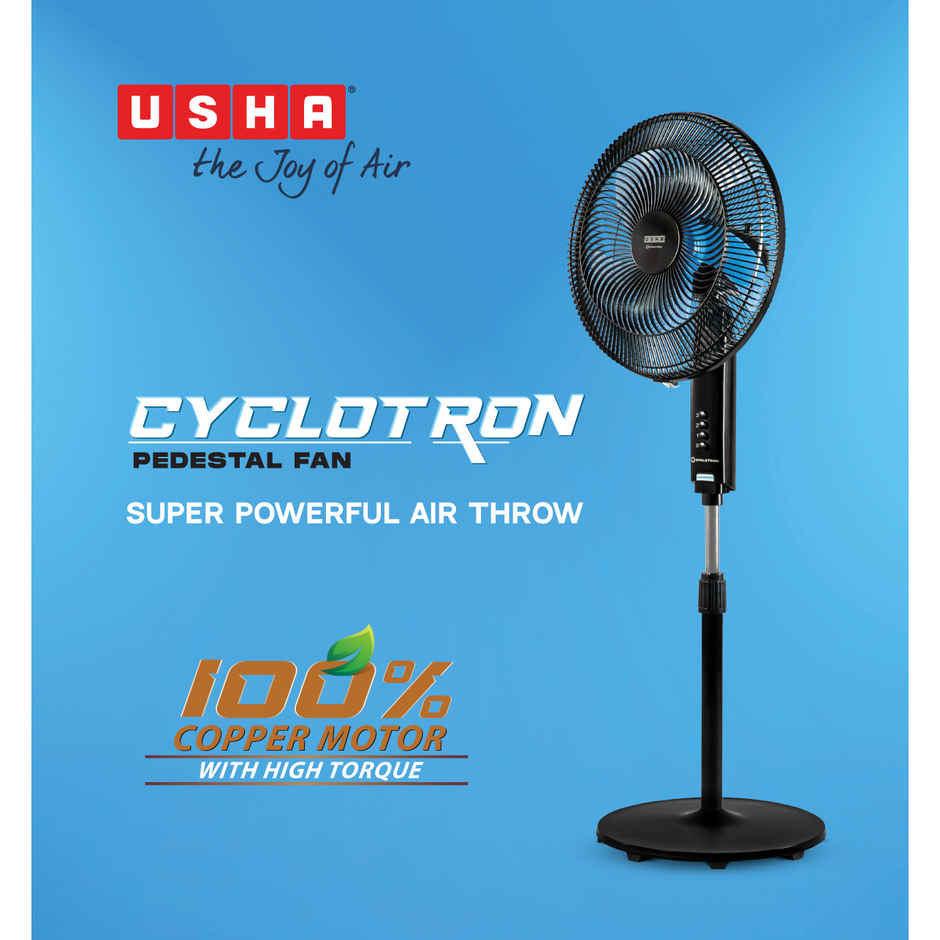 USHA Cyclotron Pedestal Fan,400mm, 1200RPM,5 Blade,Anti - Rust Protection,100% Copper Motor, Black