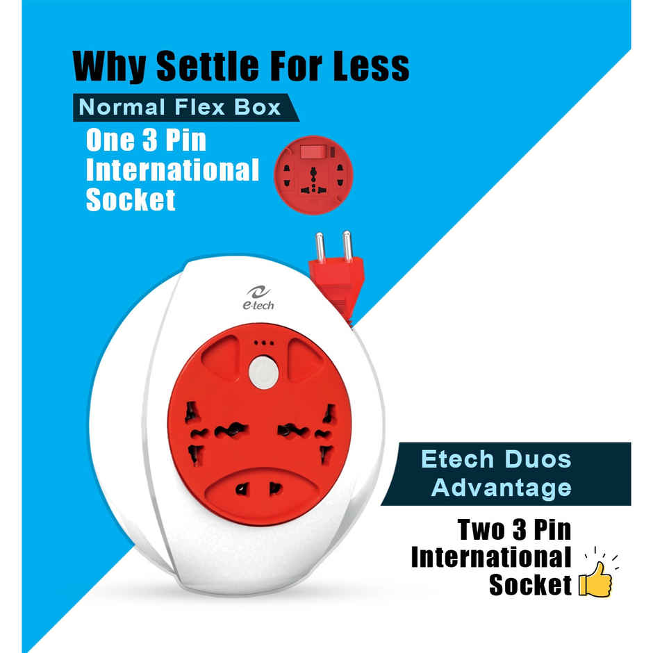 Etech Duos Flex Box With Two 3 Pin International Socket | One 2 Pin Socket | Push Button Switch