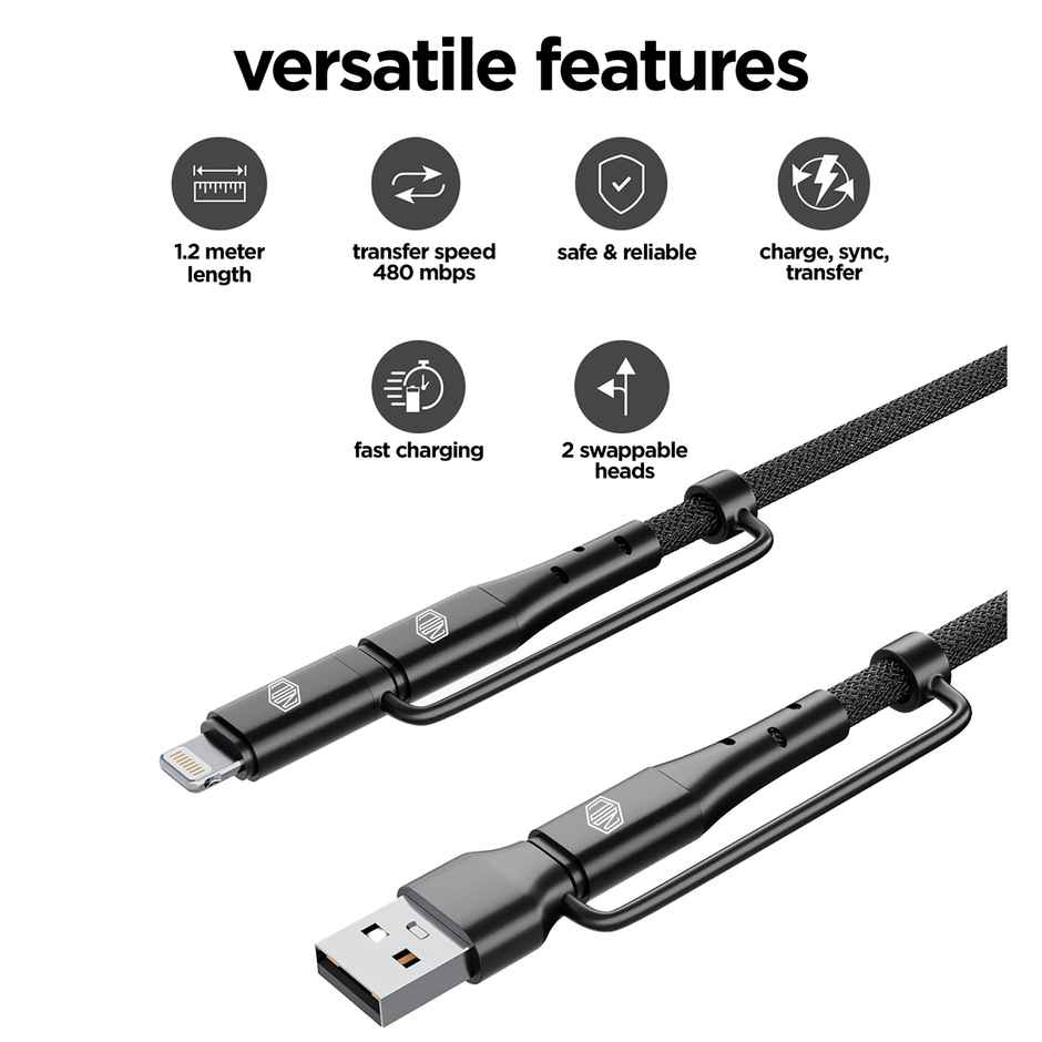 Nu Republic Blaze Quad 100W 4-in-one 1.2 m USB-A to Type-C to Type-C + Type-L Fast Charge Braided Cable (Compatible with Mobile, Tablet, Laptop, Speakers, Black, One Cable) - Black