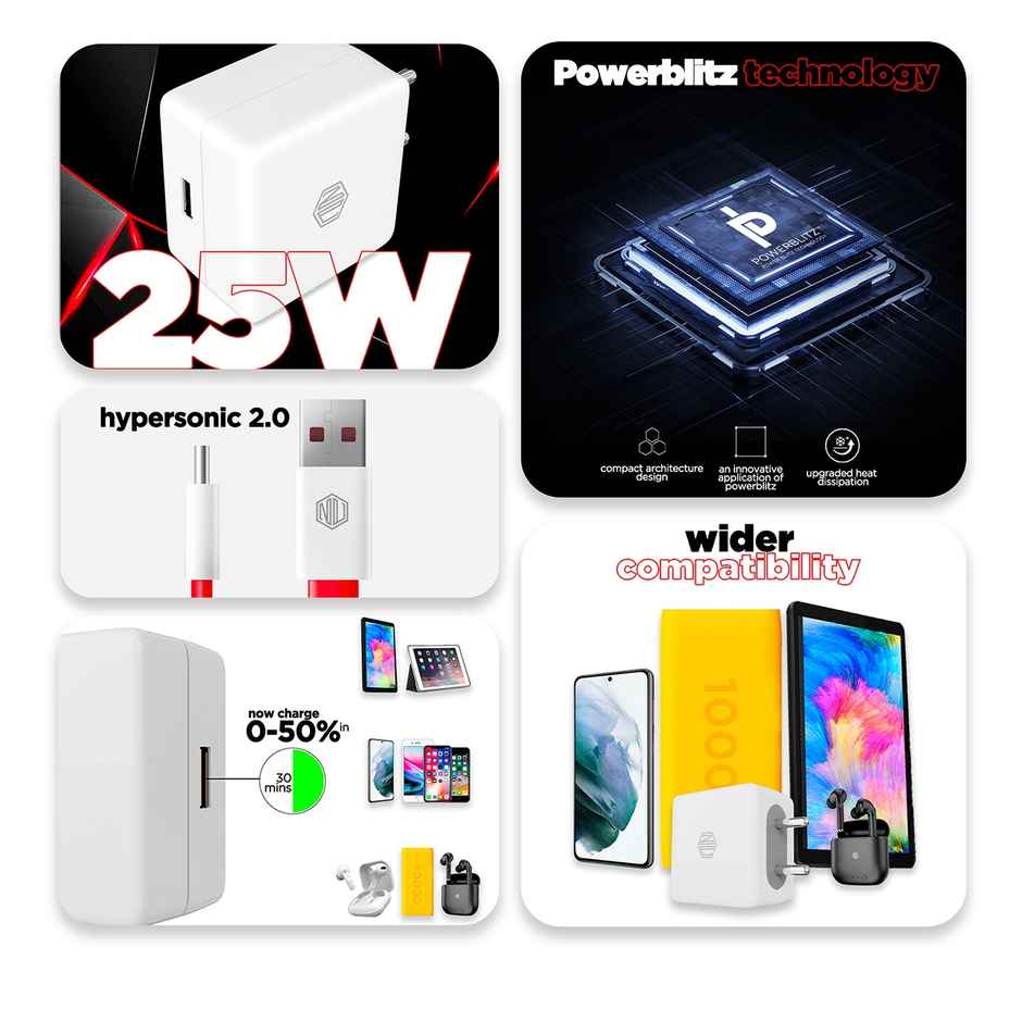 Nu Republic All In One 25W 5A Fast Charging Adapter with Cable (USB To Type-C) - White & Red