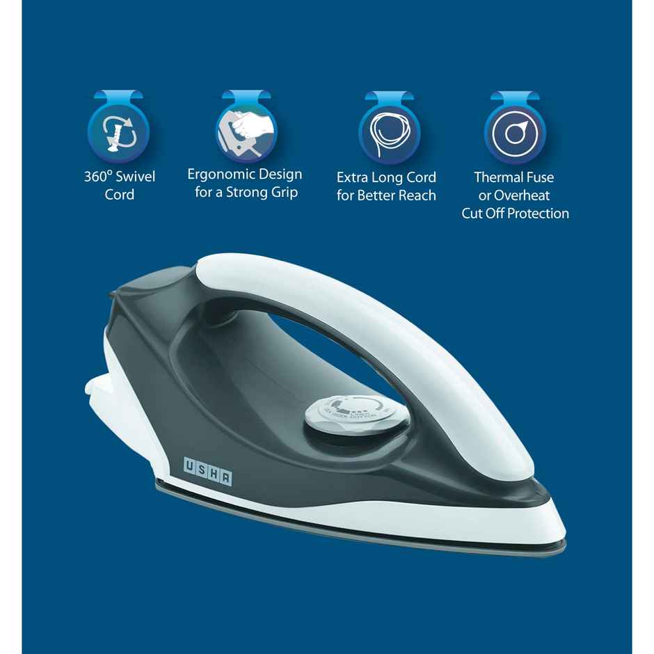 Usha Dry Iron Aurora (1000W, Premium Weilberger Non Stick Coated Soleplate, Led Tail Light, Grey)