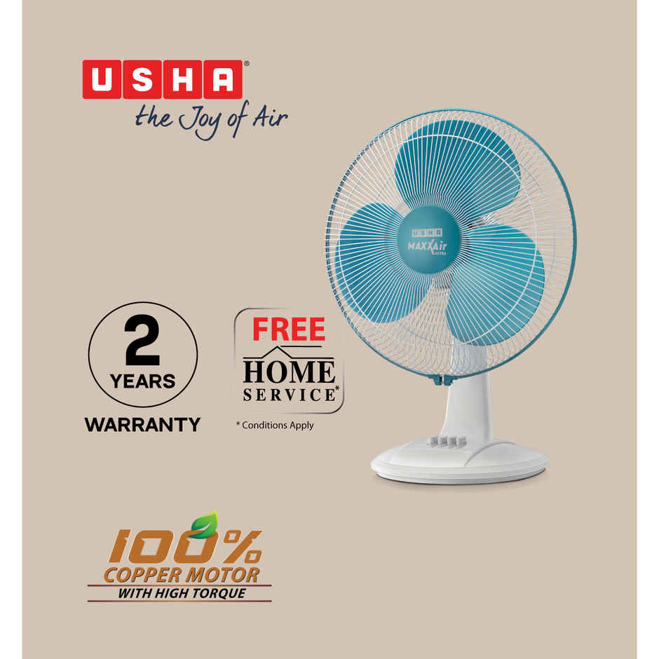 Usha Maxx Air Ultra Table Fan, 400mm, 1350 RPM, 3 Speed Settings, Light Blue
