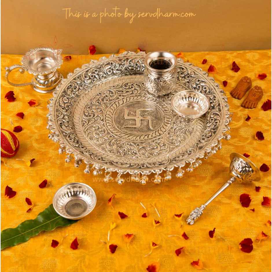 Intricately Designed Silver Plated Pooja Thali Set with Floral Patterns | ServDharm
