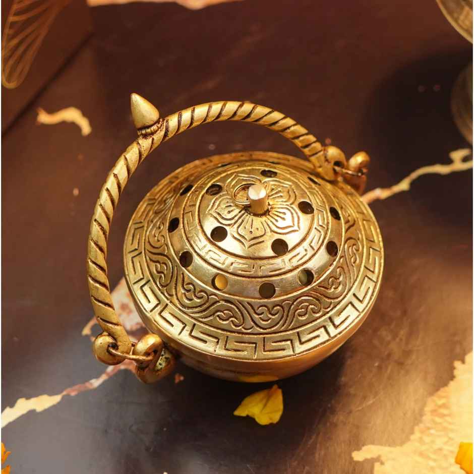 Brass Dhoop Dani incense Burner for Pooja With Handle | Gold | Diya-Pooja | Servdharm