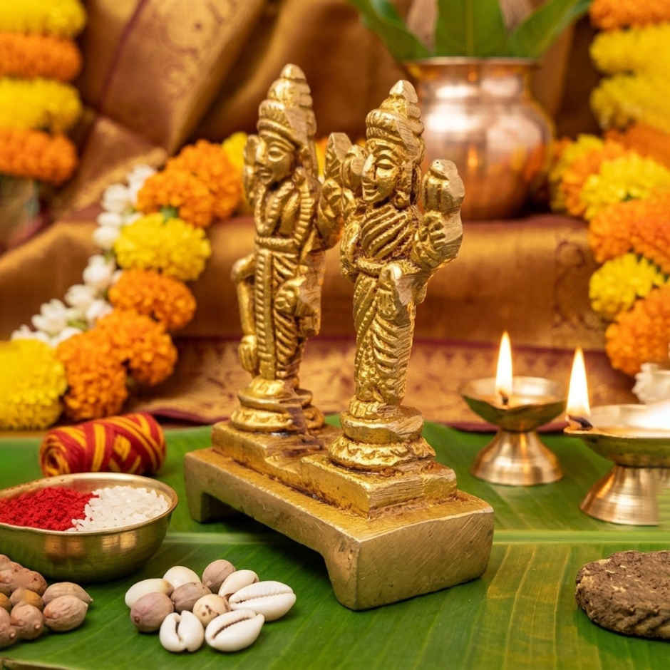 Lakshmi Vishnu Idol for Pooja | 2.5 Inch | Brass | 100 g | ServDharm