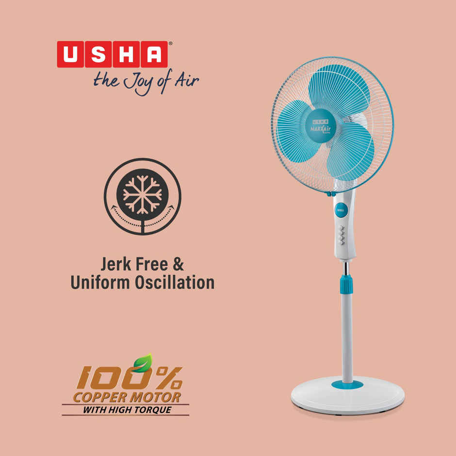 USHA Maxx Air Ultra Pedestal Fan, 400mm, 1350 RPM, Anti - Rust Protection, Copper Motor, Light Blue