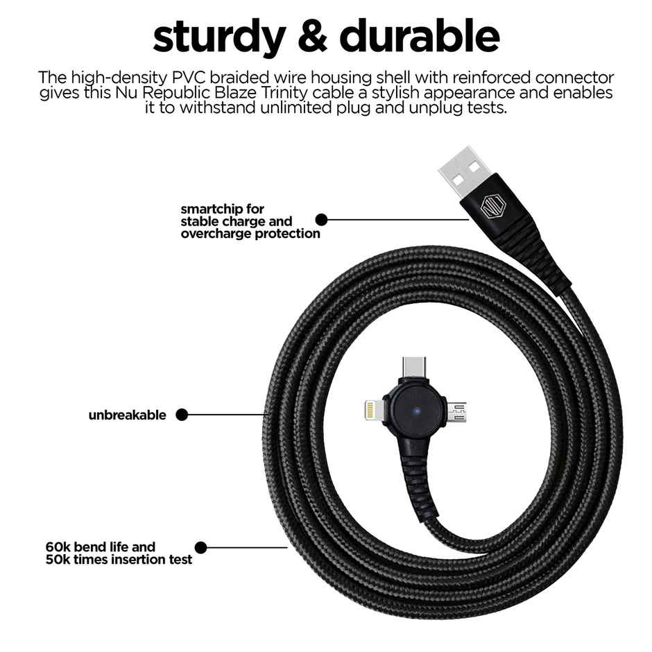 Nu Republic Blaze Trinity 2.0 3-in-one USB Type C Cable 1 m USB-A to Type-C + MicroUSB + Type-L Fast Charge Cable (Compatible with Mobile, Tablet, Laptop) - Black