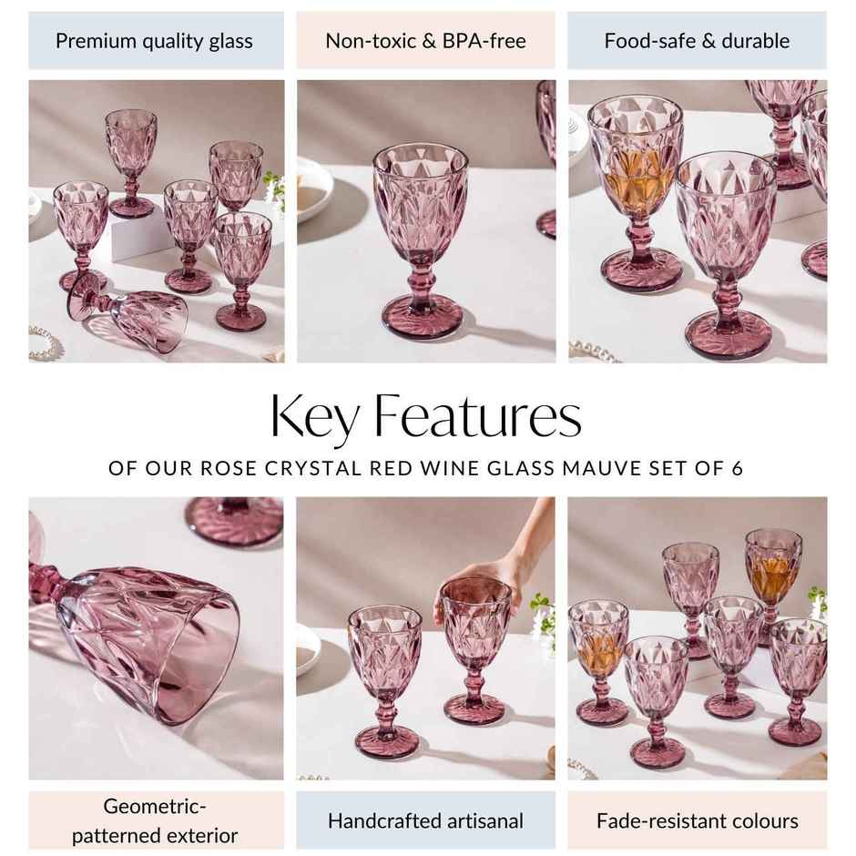 Rose Crystal Red Wine Glass Mauve Set | 300 ml | Nestasia