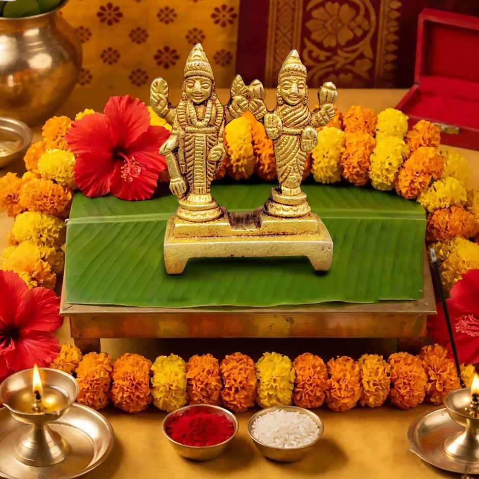 Lakshmi Vishnu Idol for Pooja | 2.5 Inch | Brass | 100 g | ServDharm