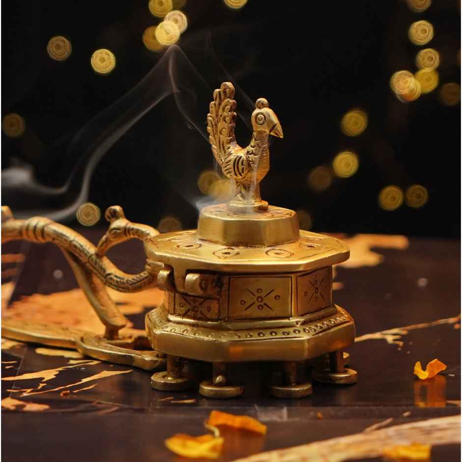 Artistic Brass Peacock incense Burner | Golden | Diya-Pooja | Servdharm