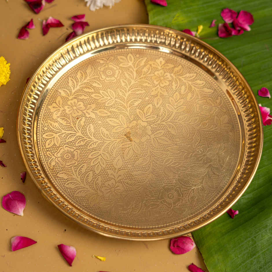 Pure Brass Floral Etchings Pooja Thali | 9 inch | ServDharm