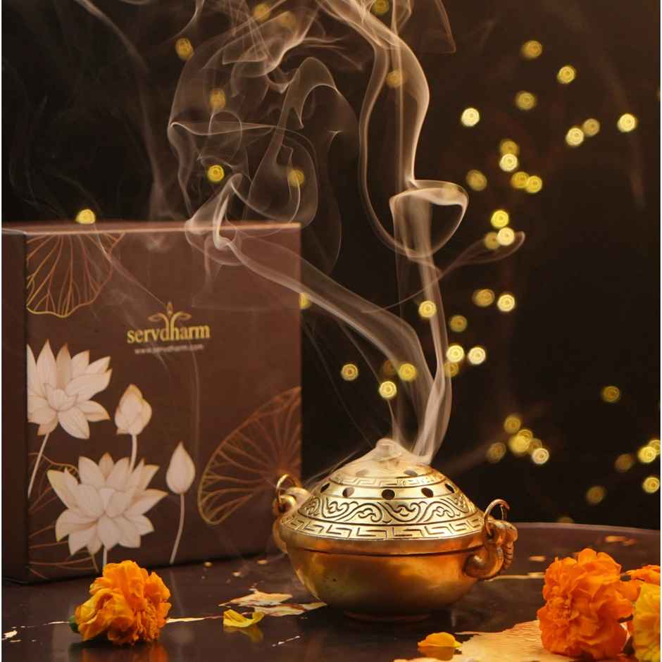 Brass Dhoop Dani incense Burner for Pooja With Handle | Gold | Diya-Pooja | Servdharm