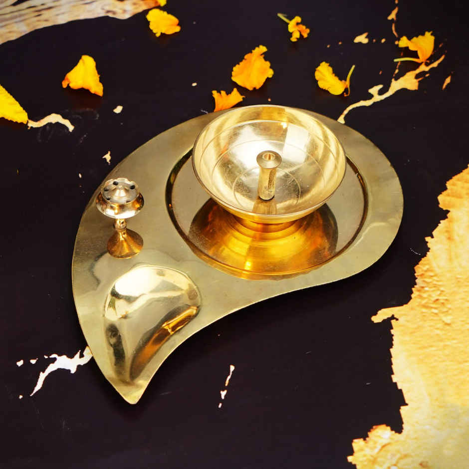 Brass And Glass Akhand Diya With Agarbatti Stand | Gold | ServDharm