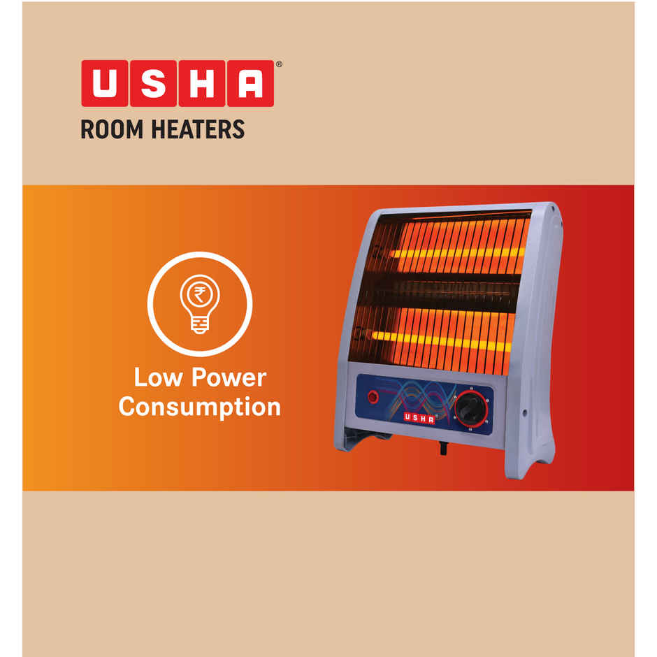 Usha 4302 Quartz 800W Room Heater, Dual Quartz Tube Heating Element, Sleek Design - Grey