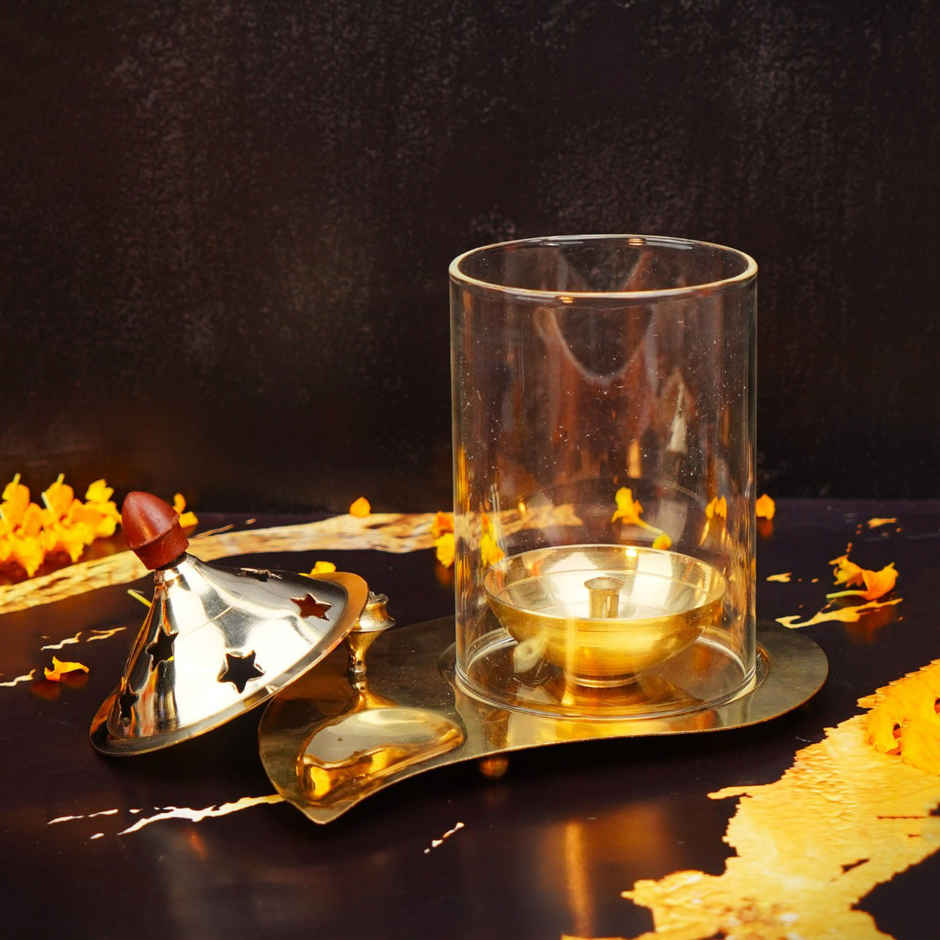 Brass And Glass Akhand Diya With Agarbatti Stand | Gold | ServDharm